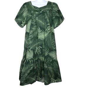 Vintage Hawaiian MuuMuu Dress S Green Floral Turtles Short Sleeves Made in Hawai